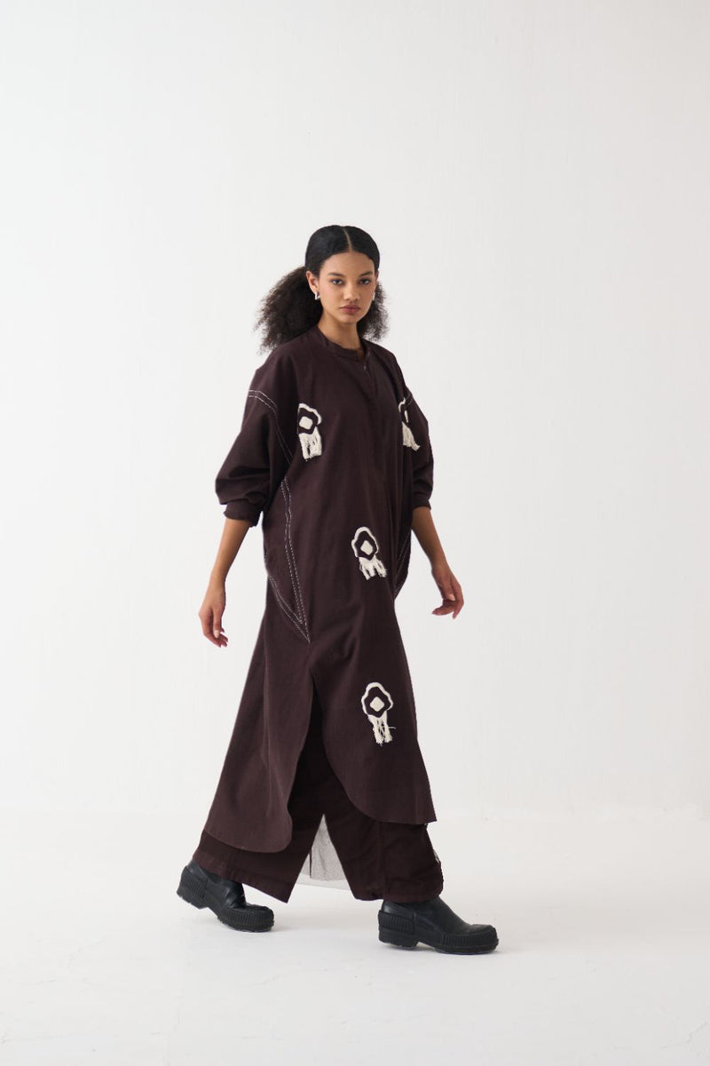Fringe Bat Sleeve Shirt Co-Ord - Dark Brown (Set Of 2) cotton by THREE in brown color for women in Singapore
