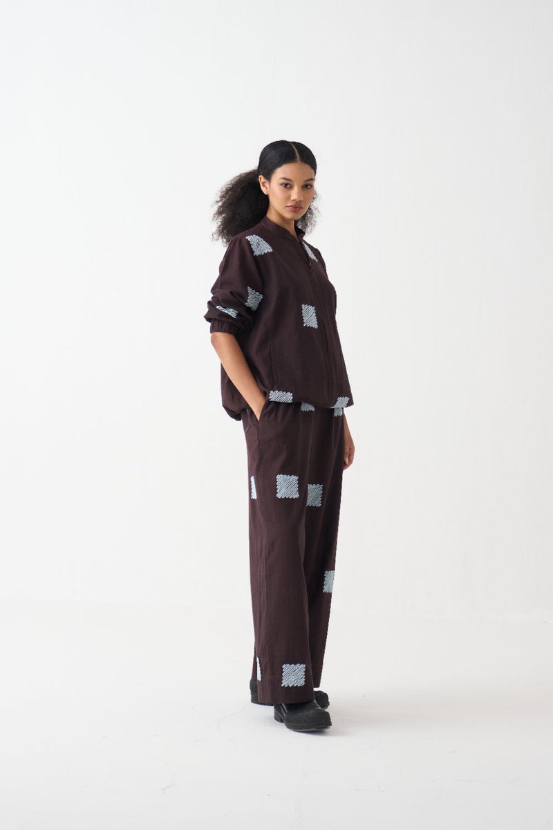 Emb. Bomber Jacket Co-Ord (Set Of 2) cotton by THREE in brown color for women in Singapore