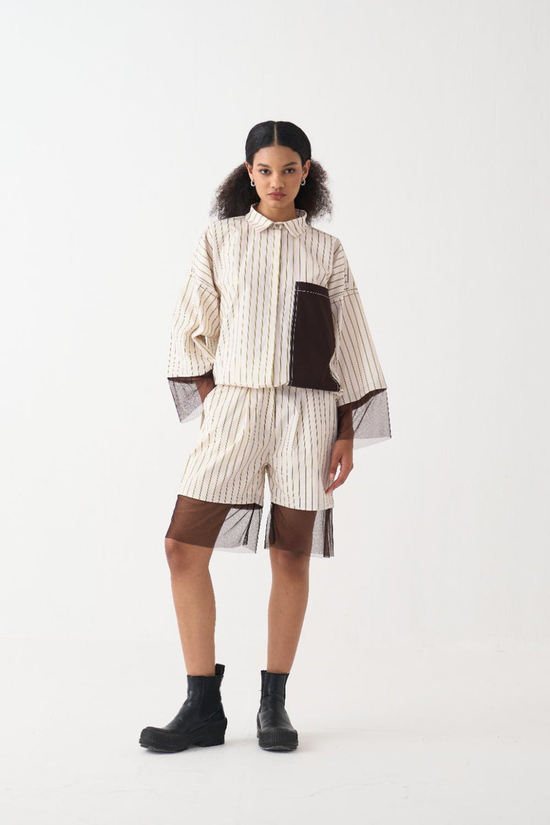 Contrast Detail Shirt poplin by THREE in beige color for women in Singapore