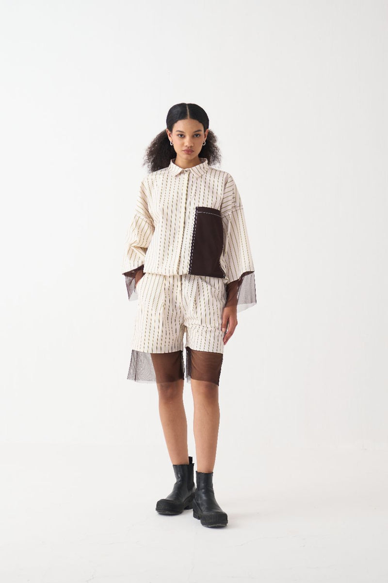 Contrast Detail Shirt poplin by THREE in beige color for women in Singapore