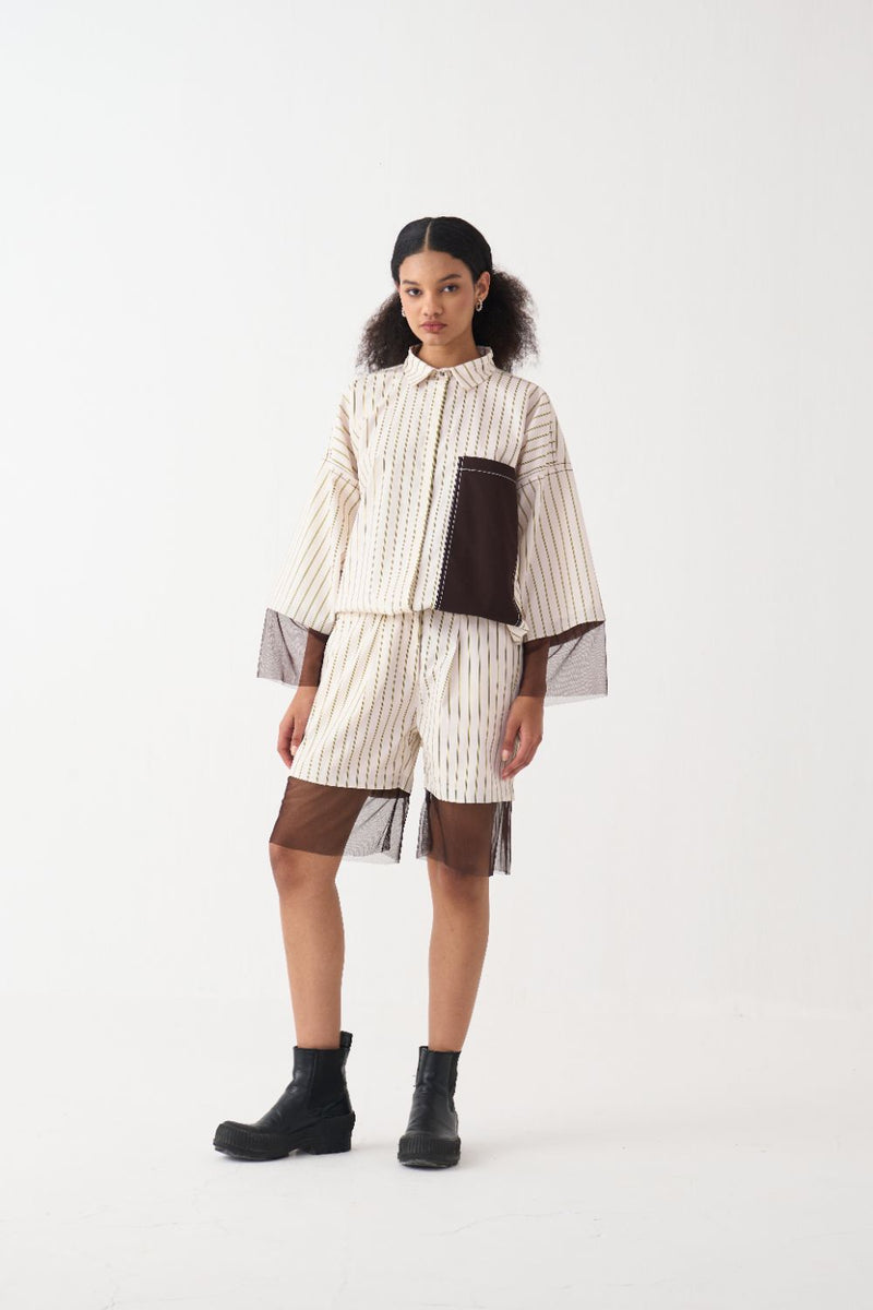 Contrast Detail Shirt poplin by THREE in beige color for women in Singapore