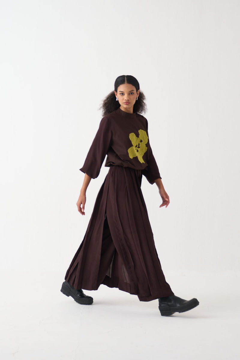Skirt Pant - Dark Brown silk by THREE in brown color for women in Singapore