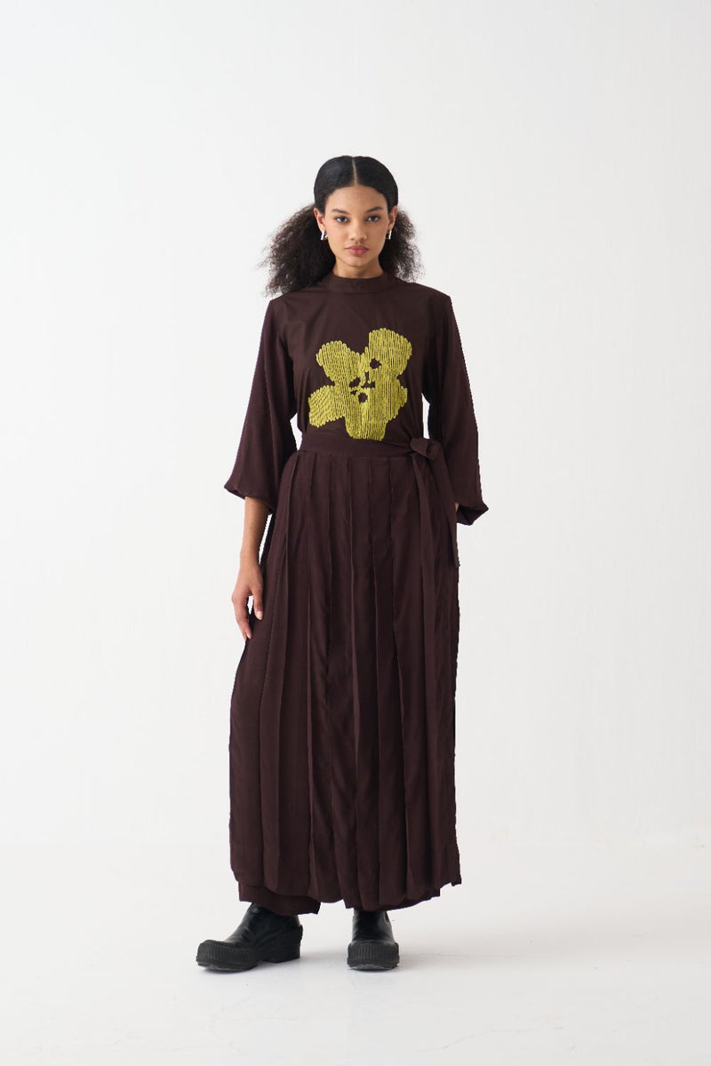 Floral Emb. Top - Dark Brown poplin by THREE in brown color for women in Singapore