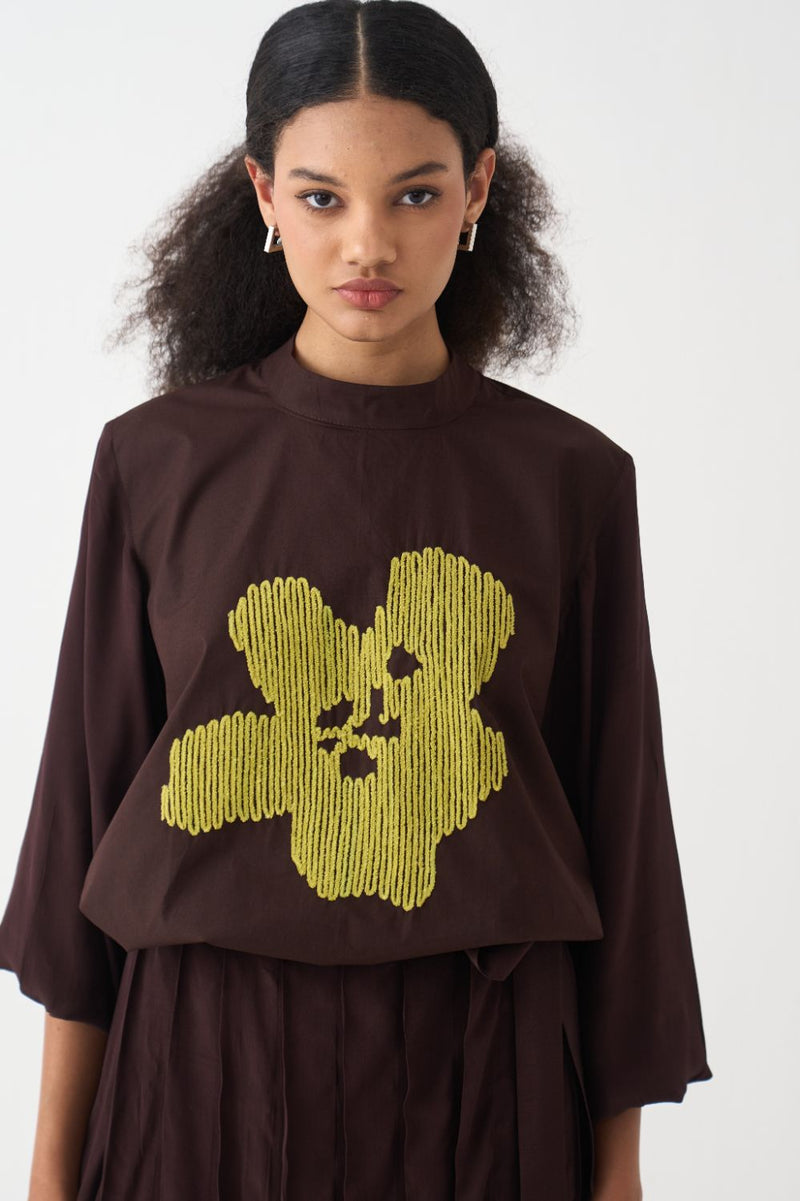 Floral Emb. Top - Dark Brown poplin by THREE in brown color for women in Singapore