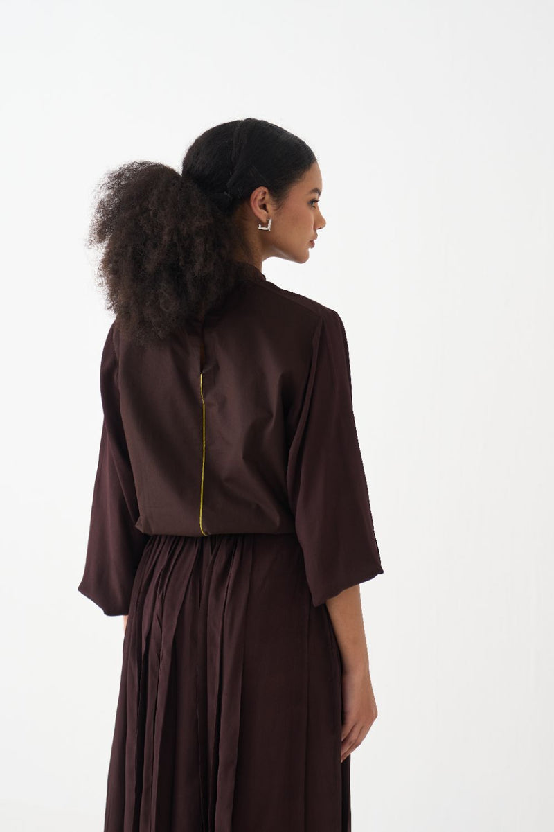 Floral Emb. Top - Dark Brown poplin by THREE in brown color for women in Singapore