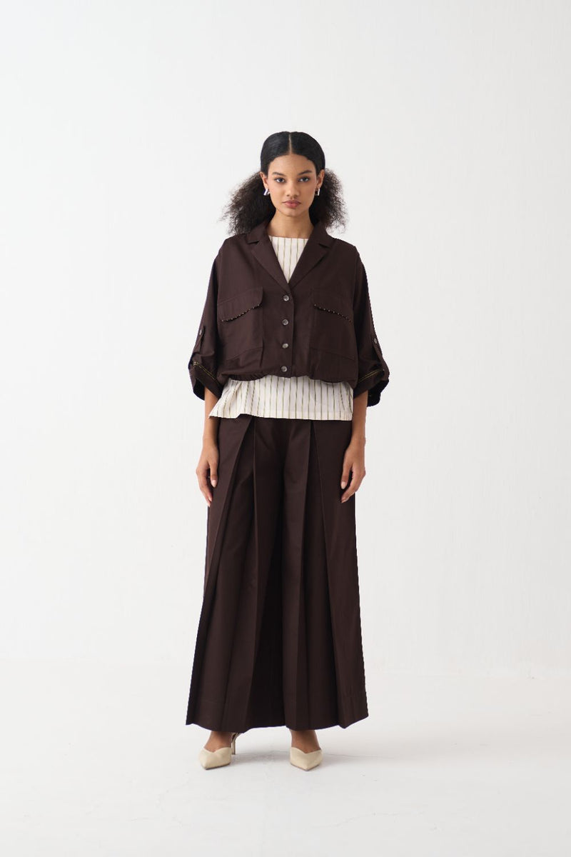 Short Elasticated Jacket Co-Ord (Set Of 3) poplin by THREE in brown color for women in Singapore