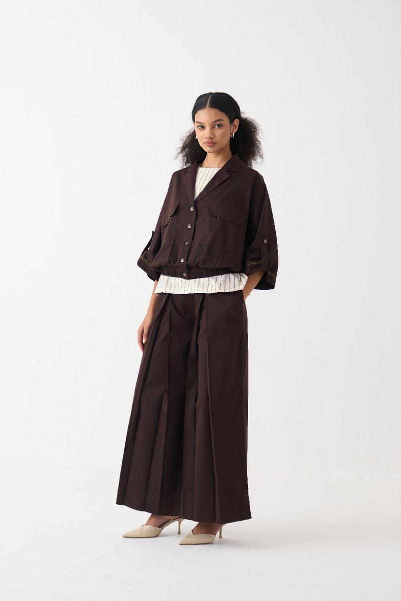 Short Elasticated Jacket Co-Ord (Set Of 3) poplin by THREE in brown color for women in Singapore