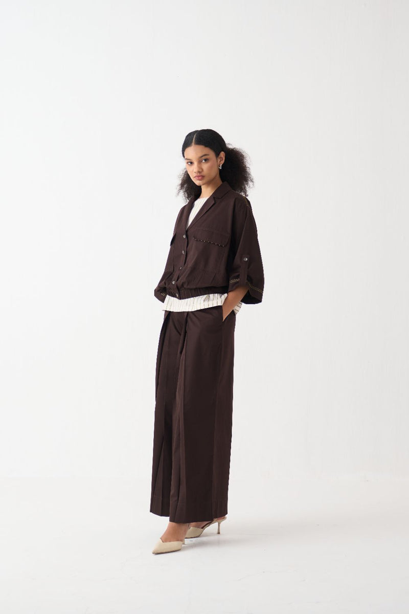 Short Elasticated Jacket Co-Ord (Set Of 3) poplin by THREE in brown color for women in Singapore