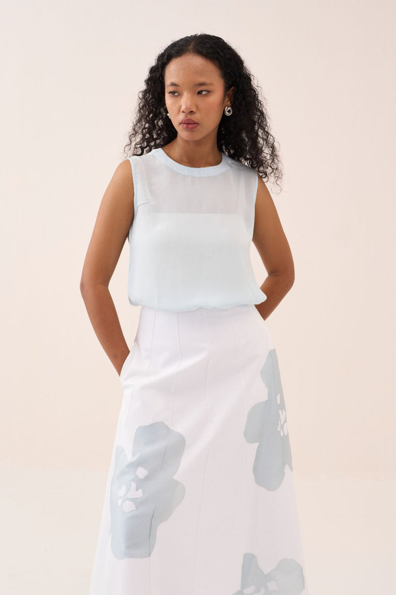 Round Neck Top - Powder Blue silk by THREE in blue color for women in Singapore