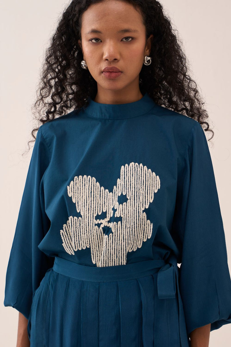 Floral Emb. Top poplin by THREE in teal color for women in Singapore