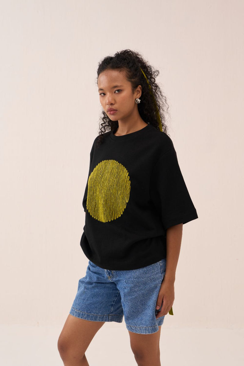 Black Circle T-Shirt cotton by THREE in black color for women in Singapore