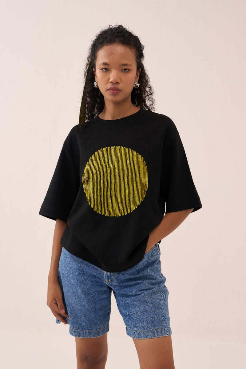 Black Circle T-Shirt cotton by THREE in black color for women in Singapore