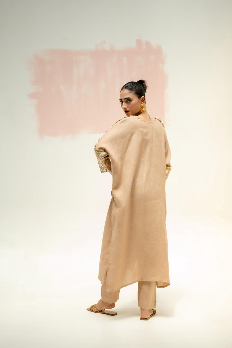 Chamakeen Antifit Linen Kurta with Pants-Camel