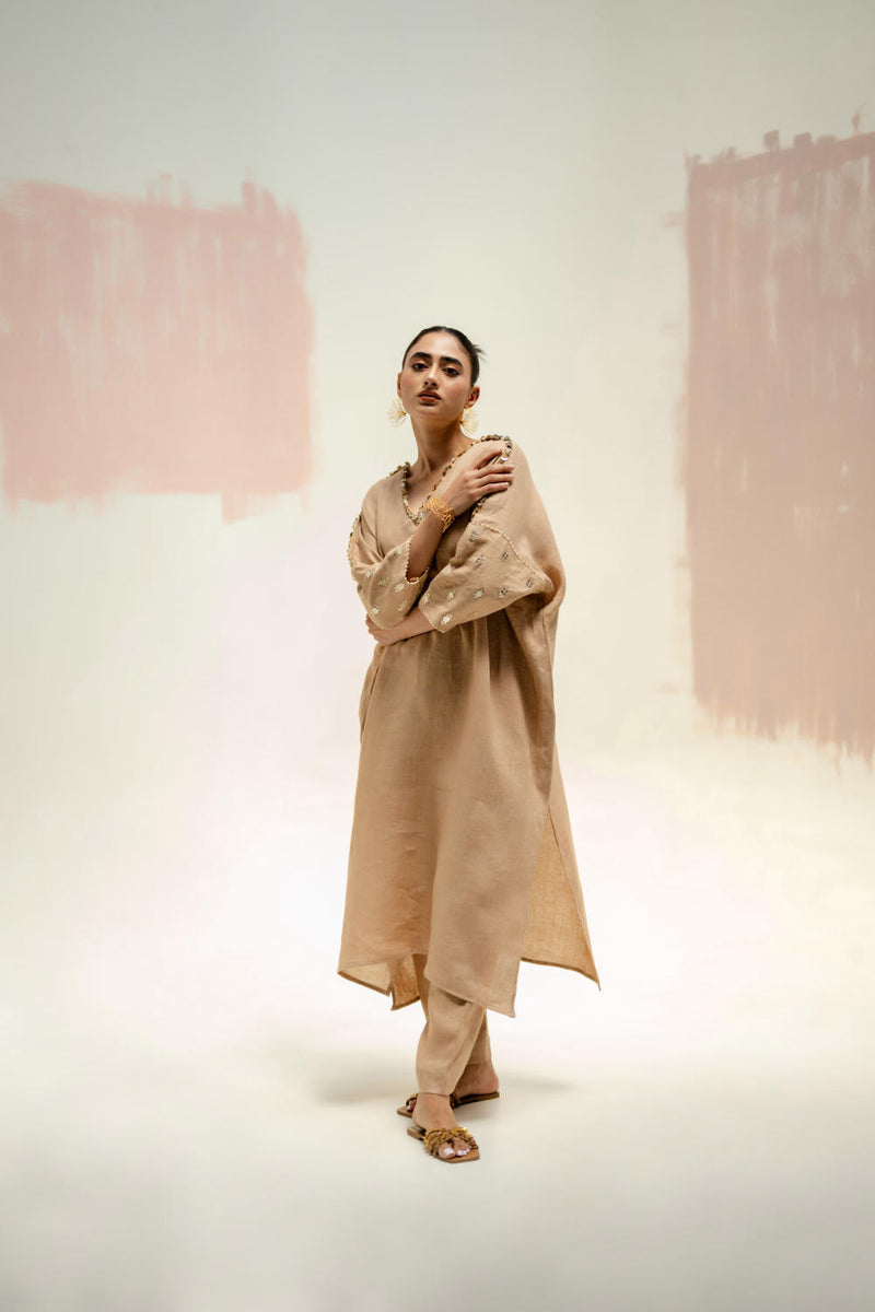 Star Antifit Linen Kurta with Pants-Camel