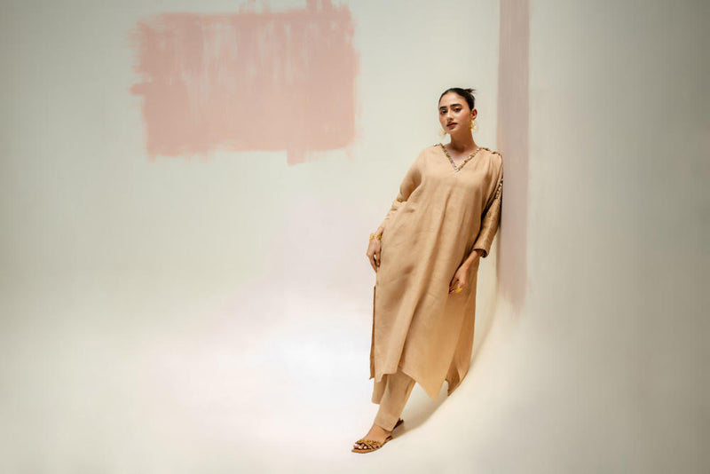 Star Antifit Linen Kurta with Pants-Camel