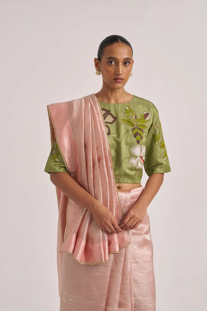Bhavya Sari-Beige handwoven mulberry silk by Suparna Som in beige for women in Singapore