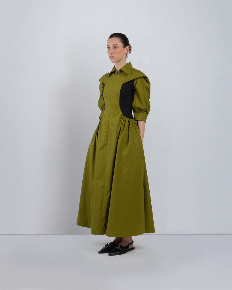 SUE DRESS - Olive + Black dress by Leh Studios in olive for women in Singapore