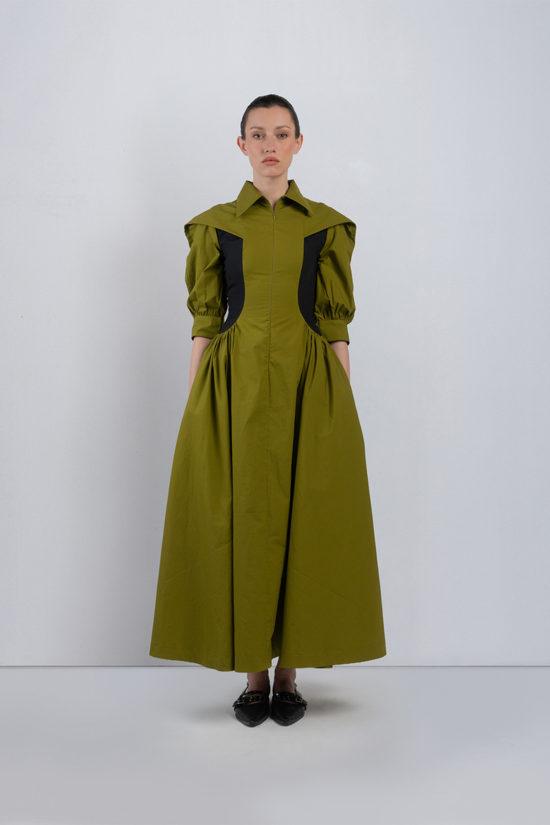 SUE DRESS - Olive + Black dress by Leh Studios in olive for women in Singapore