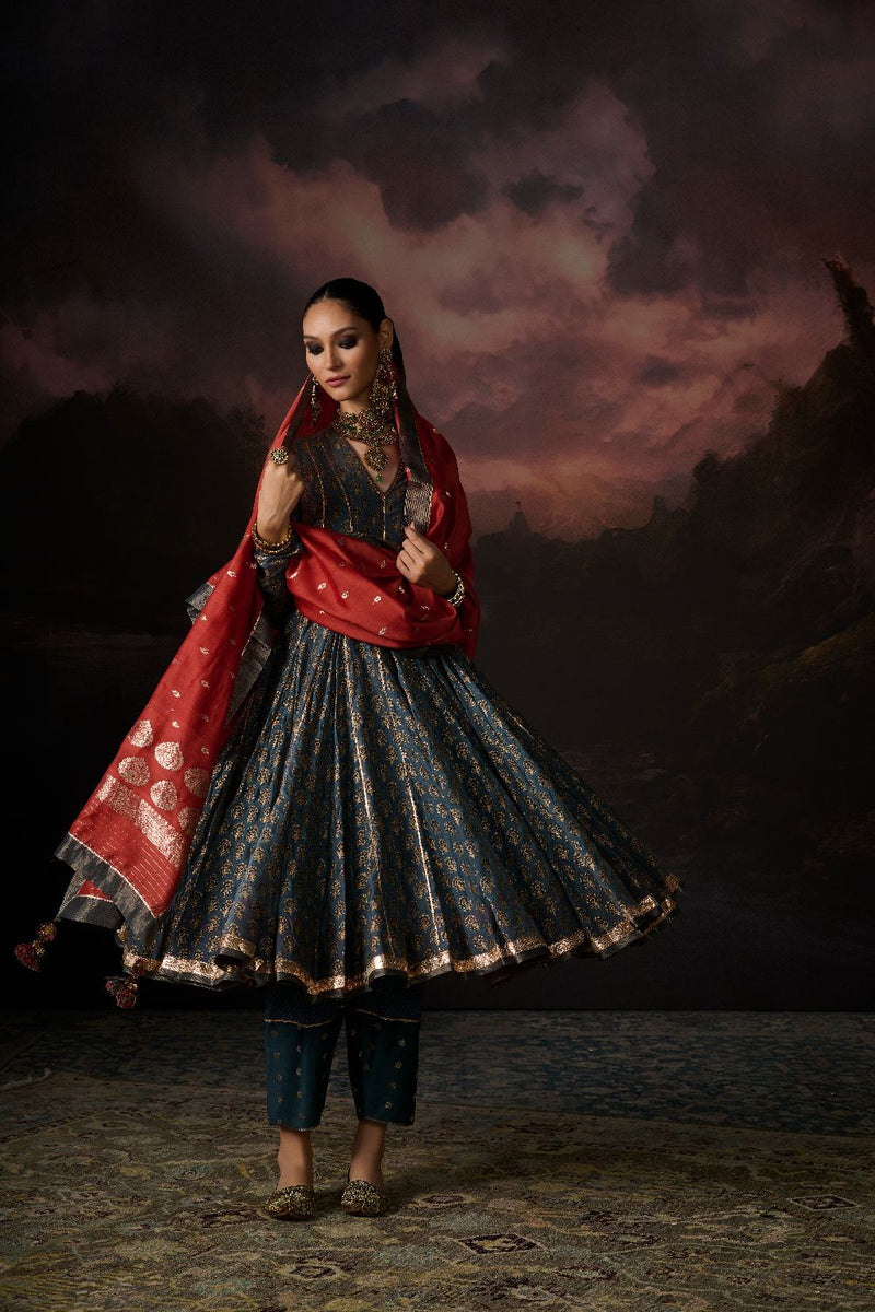 SUFIA KURTA chanderi by SWATTI KAPOOR in teal color for women in Singapore