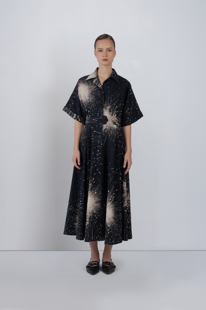 SUN DRESS IN SPLATTER PRINT - Black + Ivory dress by Leh Studios in black for women in Singapore