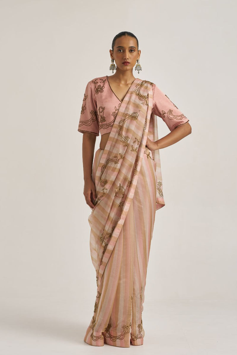 Yamini Sari Salmon organza by Suparna Som in beige color for women in Singapore