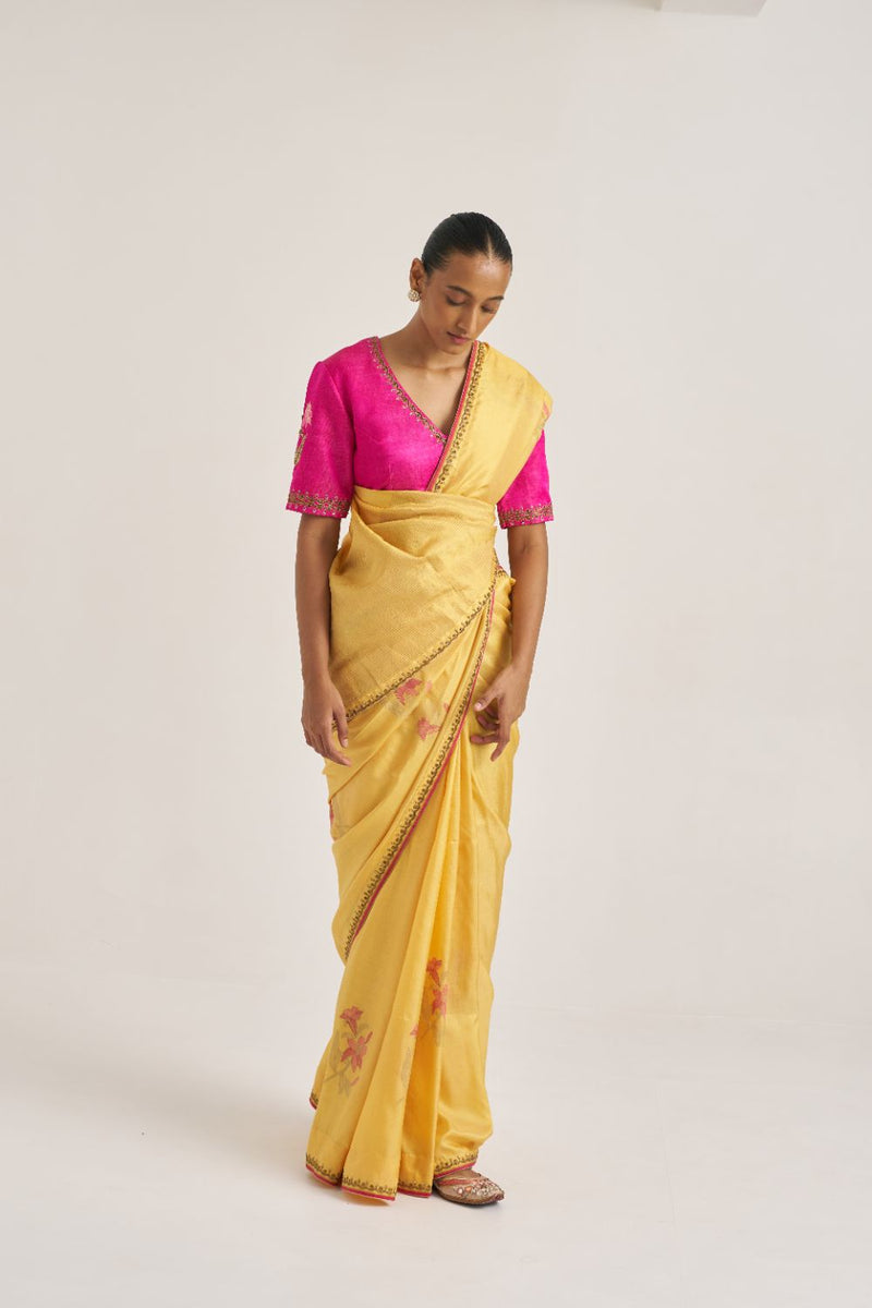 Madhavi Sari silk by Suparna Som in yellow color for women in Singapore