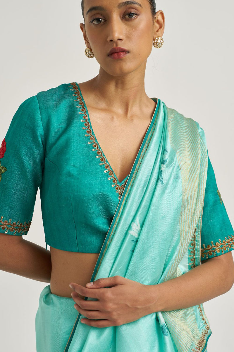 Rose Blouse Teal silk by Suparna Som in teal color for women in Singapore