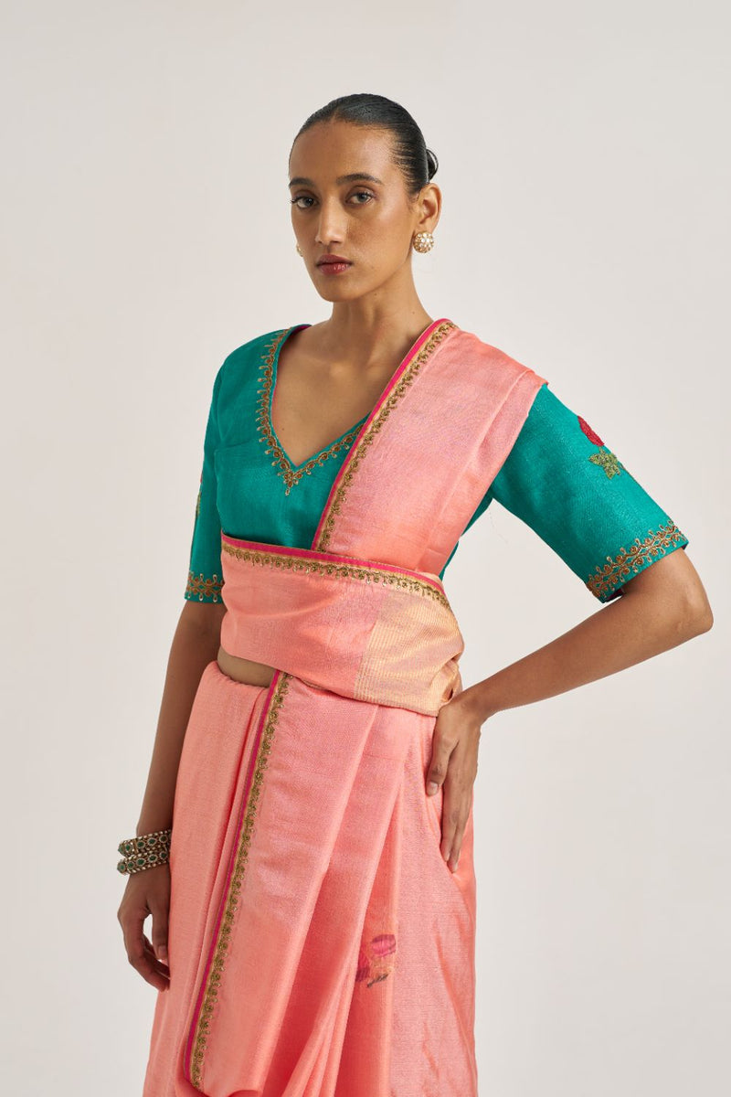 Charvi Sari silk by Suparna Som in peach color for women in Singapore