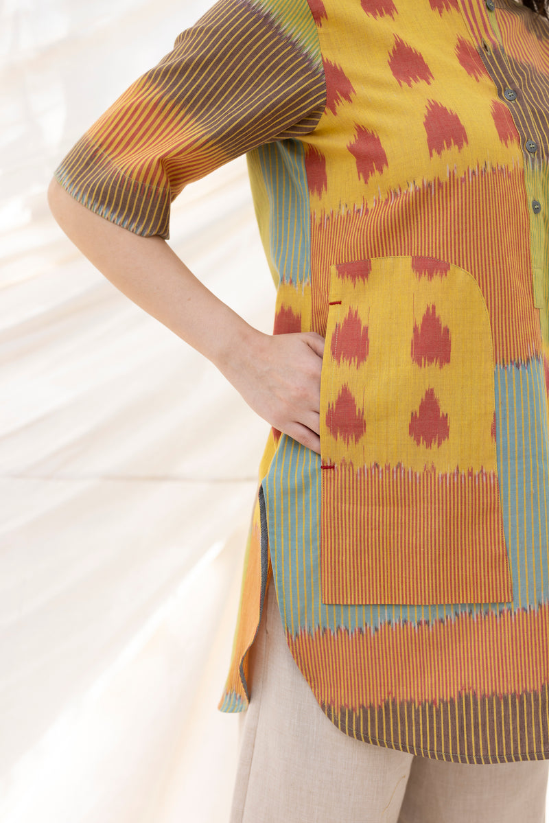 SUR BUTTON TUNIC 100% cotton by Translate - Handwoven Ikat in multi color for women in Singapore