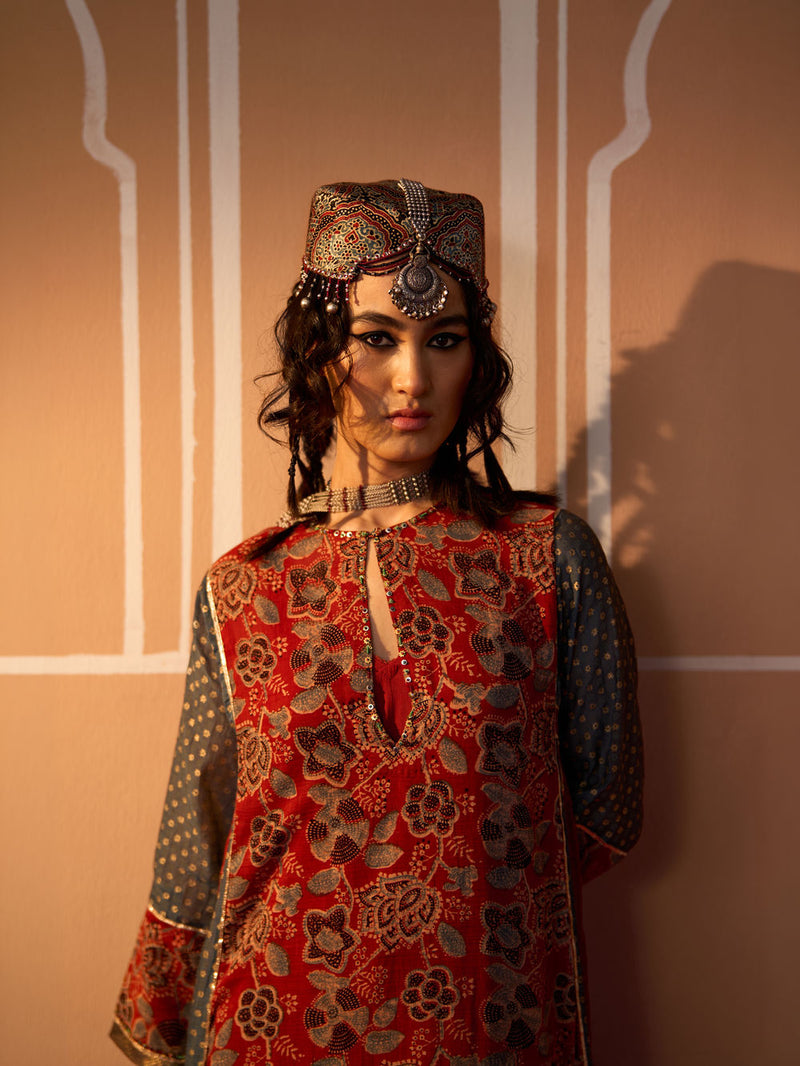 Arohi Kurti chanderi kurta/kurta set by SWATTI KAPOOR in rust, blue for women in Singapore