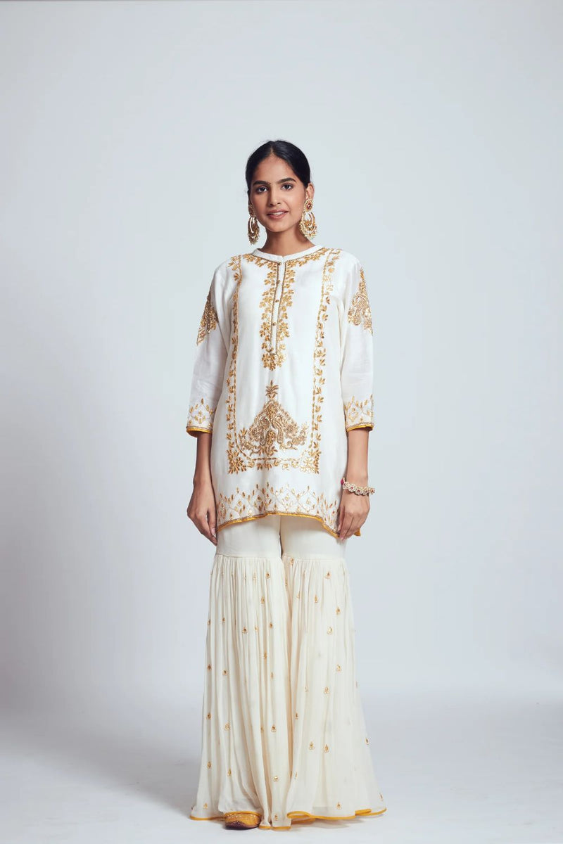 Sabaa Straight kurta with salwar and dupatta-Daisy Ivory silk by SHEETAL BATRA in ivory color for women in Singapore