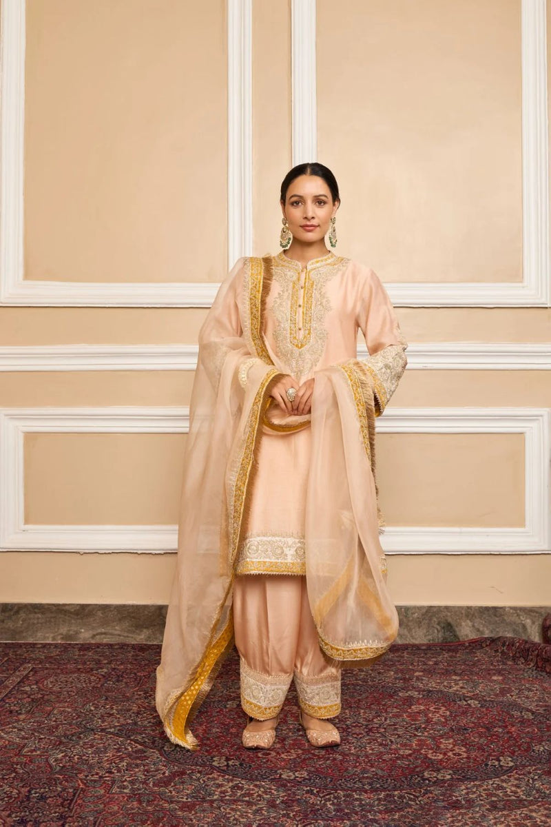 Sabaa Straight kurta with salwar and dupatta-Rosepink silk by SHEETAL BATRA in pink color for women in Singapore