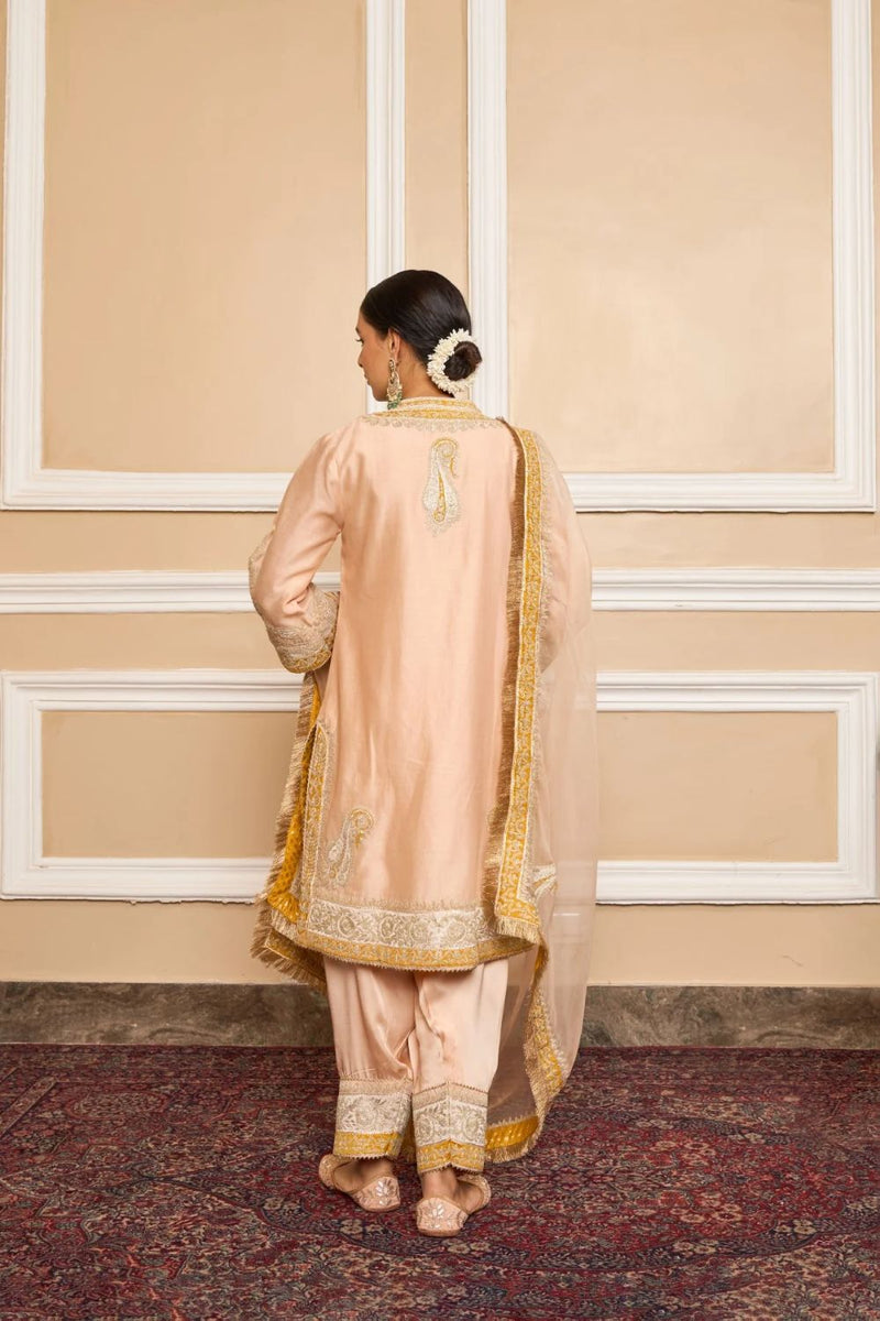Sabaa Straight kurta with salwar and dupatta-Rosepink silk by SHEETAL BATRA in pink color for women in Singapore
