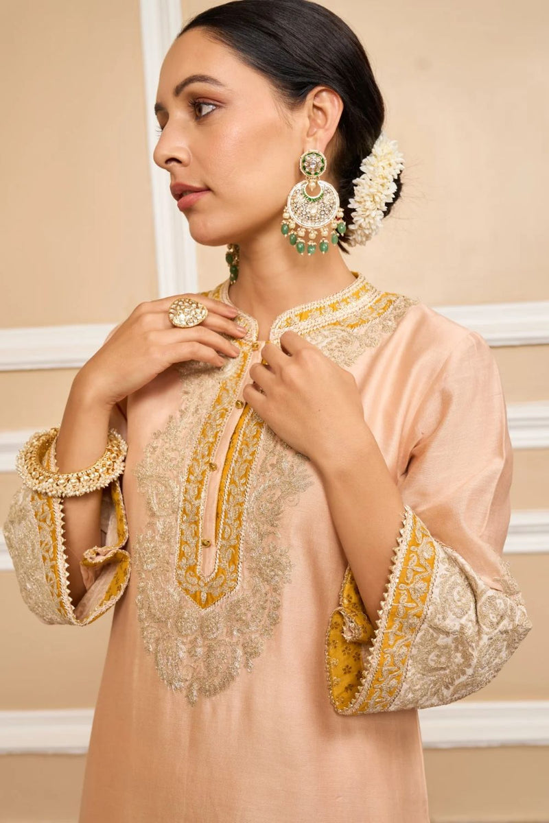 Sabaa Straight kurta with salwar and dupatta-Rosepink silk by SHEETAL BATRA in pink color for women in Singapore