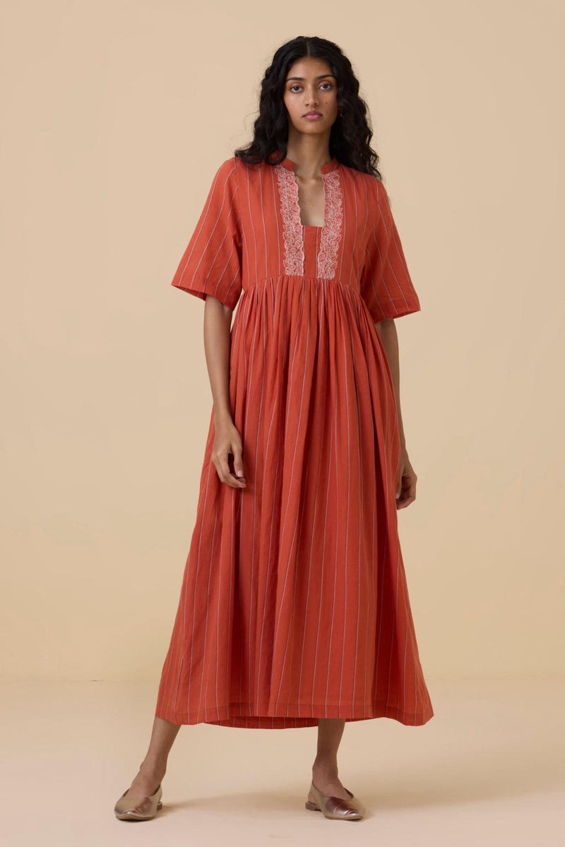 Sabah Orange Cotton Striped Midi Dress cotton by The Summer House in orange color for women in Singapore