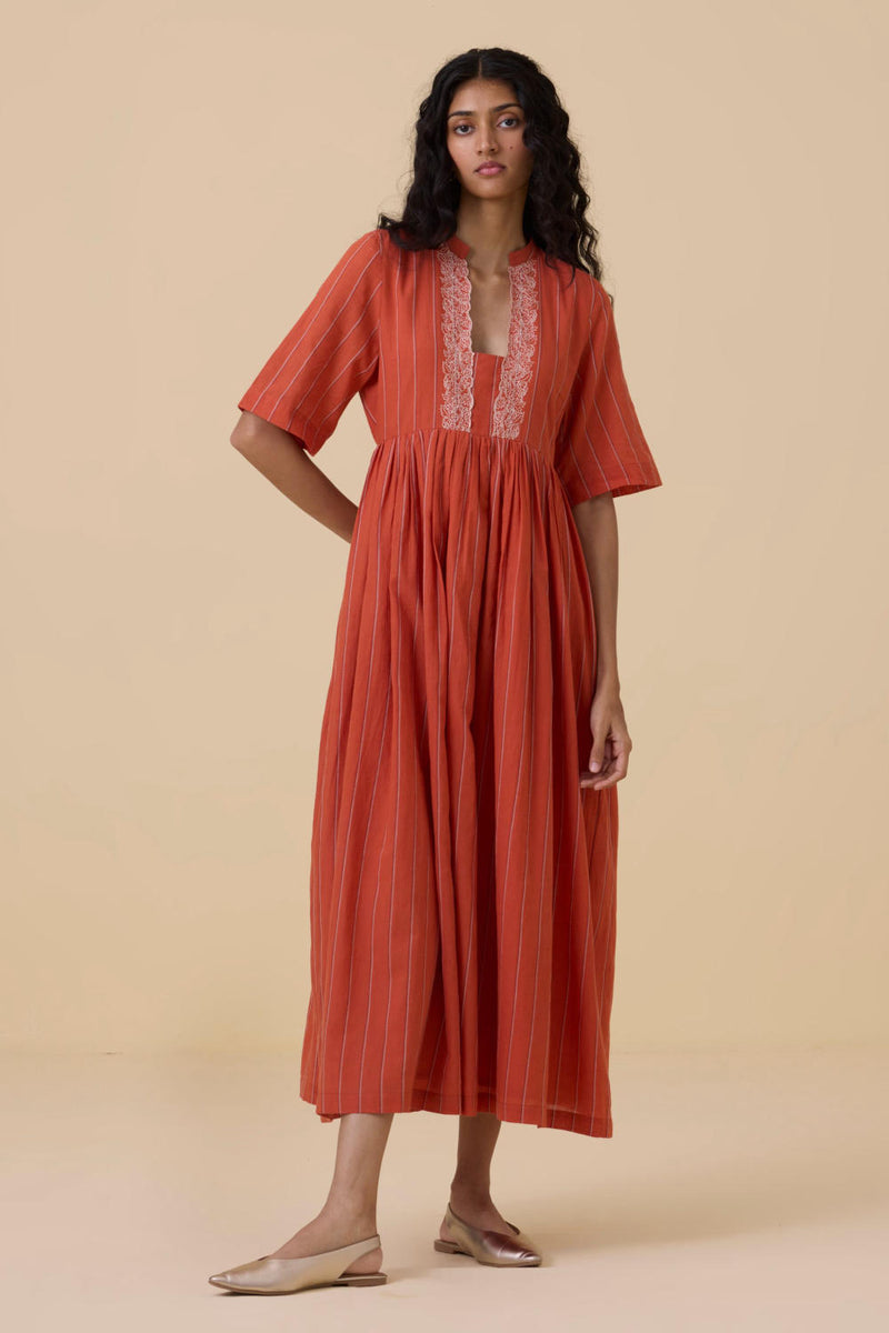 Sabah Orange Cotton Striped Midi Dress cotton by The Summer House in orange color for women in Singapore