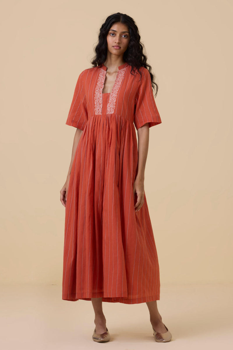 Sabah Orange Cotton Striped Midi Dress cotton by The Summer House in orange color for women in Singapore