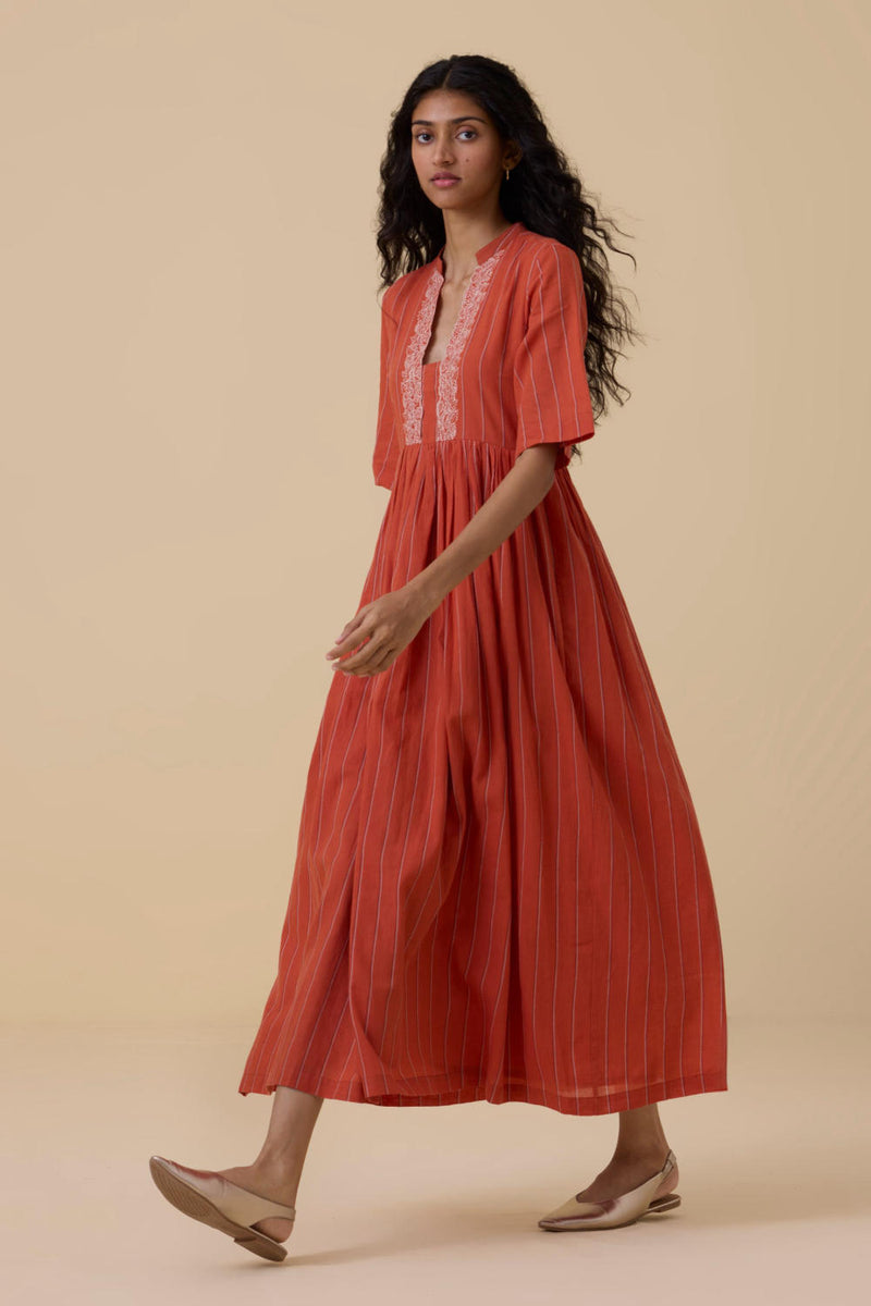Sabah Orange Cotton Striped Midi Dress cotton by The Summer House in orange color for women in Singapore