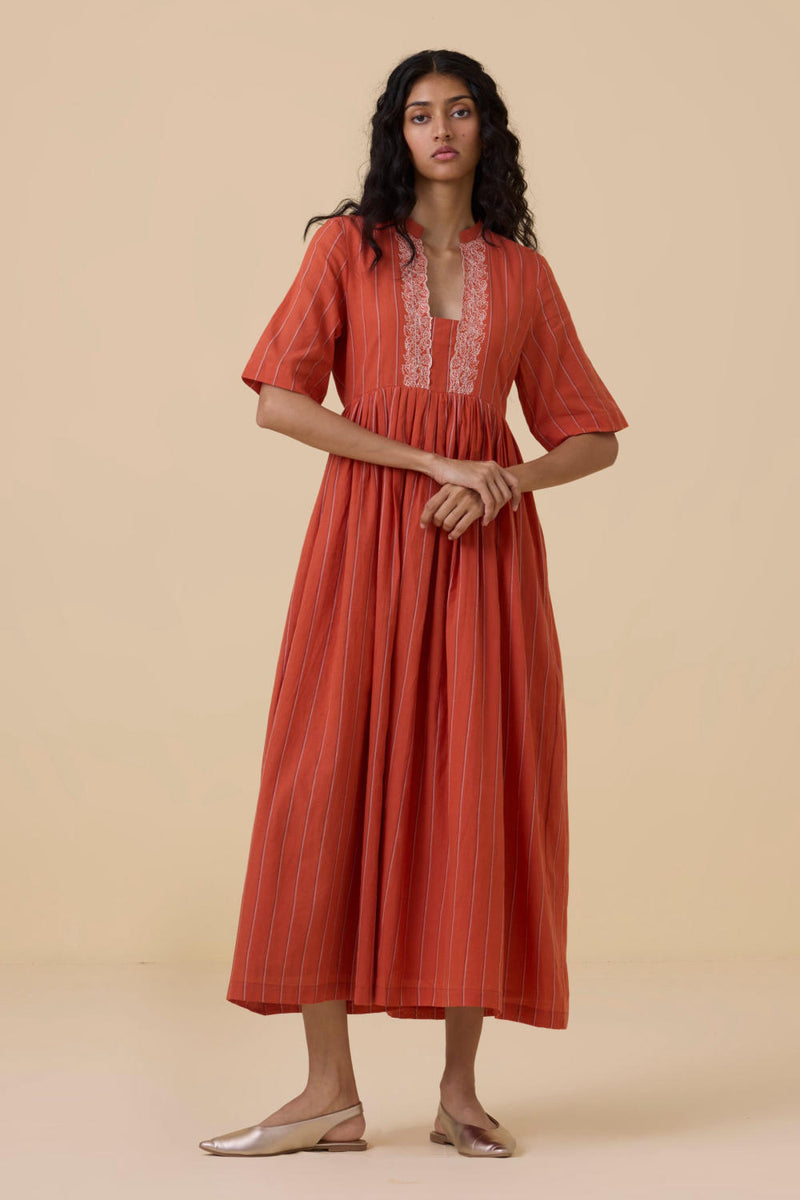 Sabah Orange Cotton Striped Midi Dress cotton by The Summer House in orange color for women in Singapore