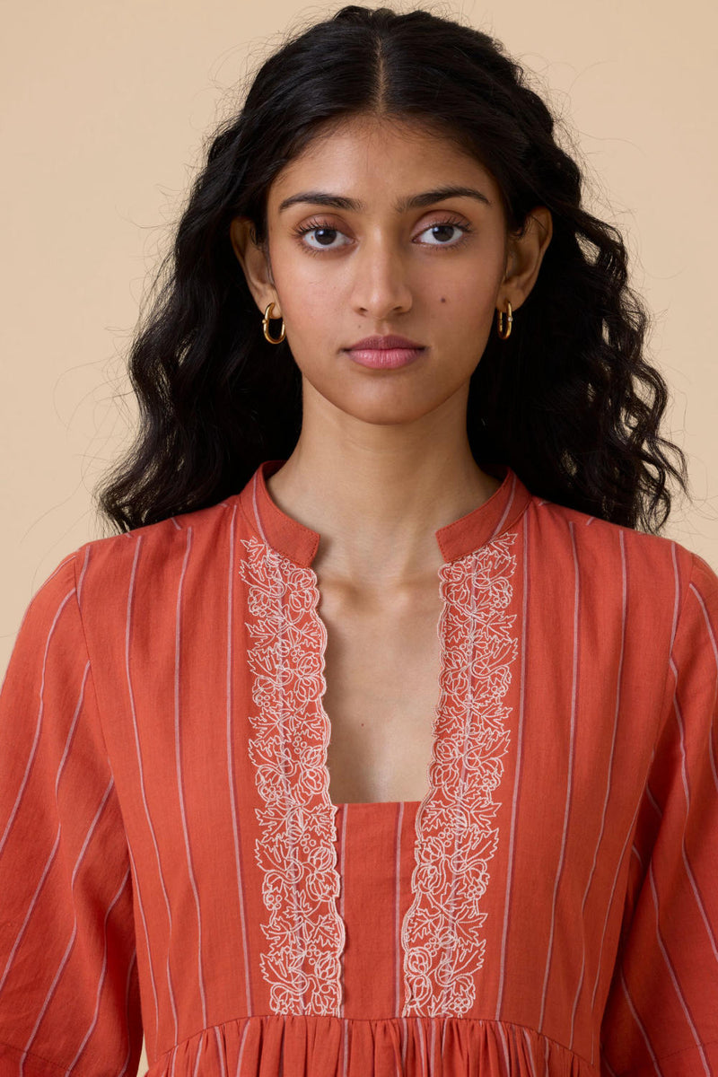 Sabah Orange Cotton Striped Midi Dress cotton by The Summer House in orange color for women in Singapore