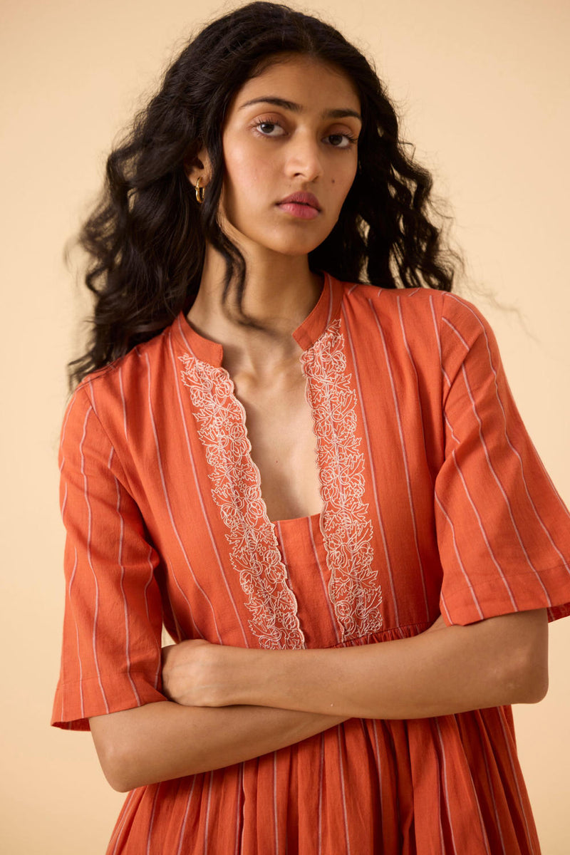 Sabah Orange Cotton Striped Midi Dress cotton by The Summer House in orange color for women in Singapore