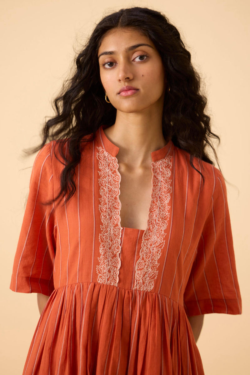 Sabah Orange Cotton Striped Midi Dress cotton by The Summer House in orange color for women in Singapore