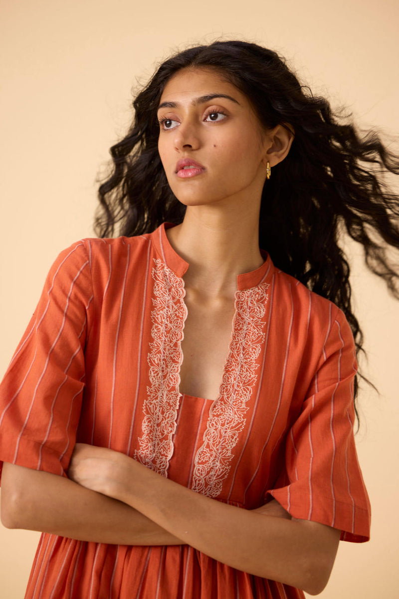 Sabah Orange Cotton Striped Midi Dress cotton by The Summer House in orange color for women in Singapore