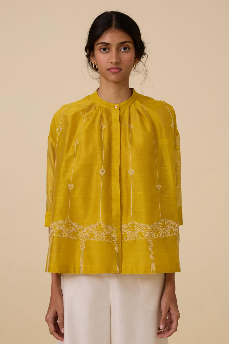 Sabeen Handwoven Embroidered Top chanderi by The Summer House in yellow color for women in Singapore