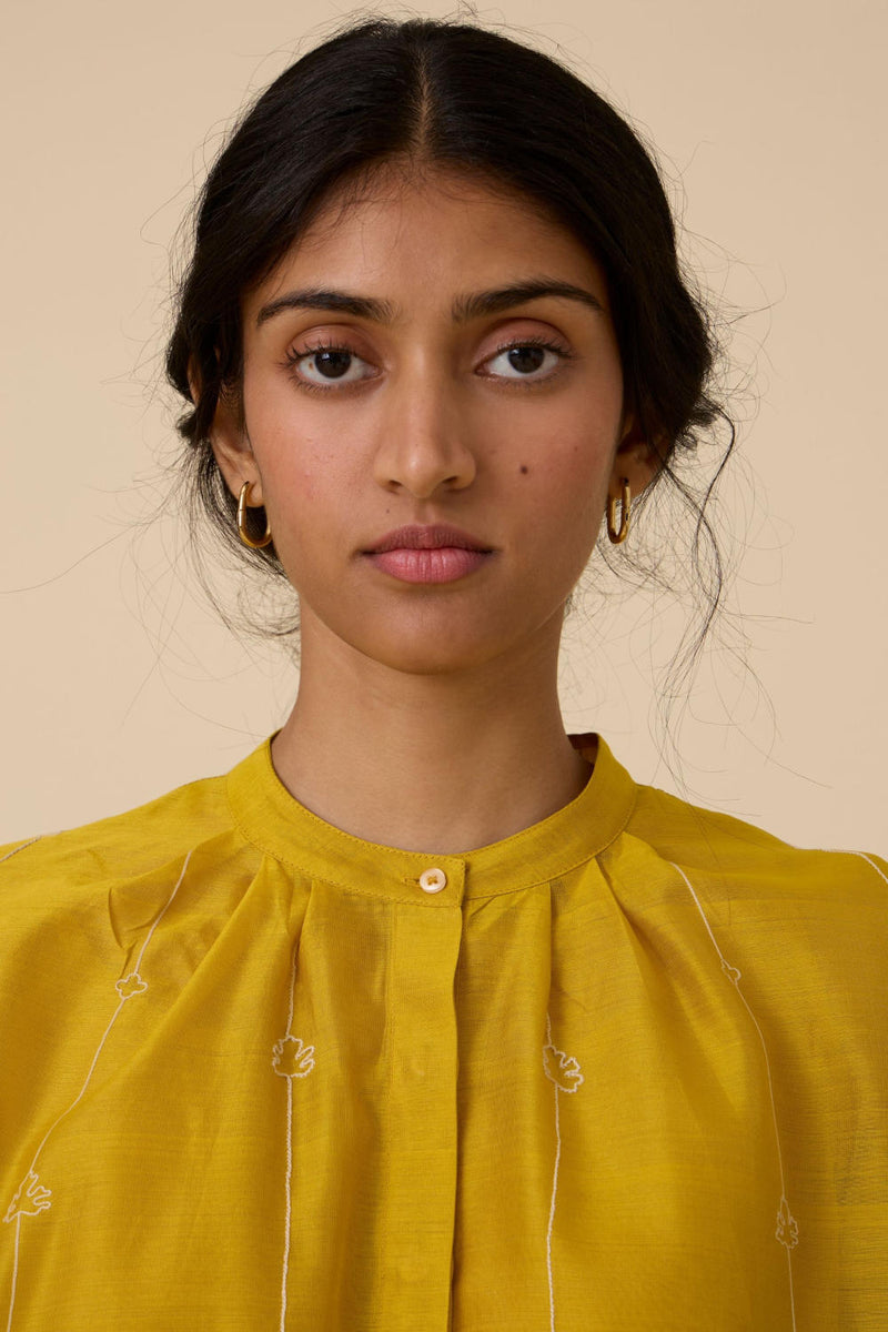 Sabeen Handwoven Embroidered Top chanderi by The Summer House in yellow color for women in Singapore