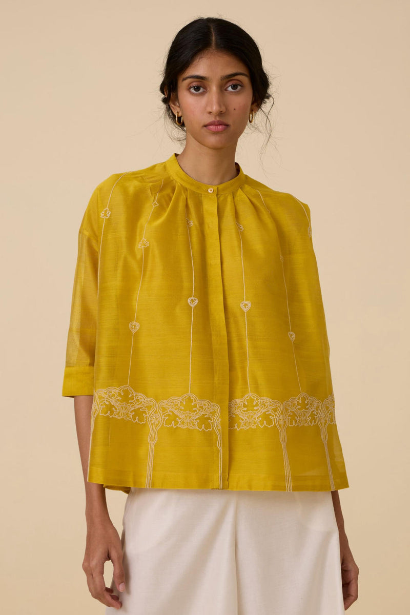 Sabeen Handwoven Embroidered Top chanderi by The Summer House in yellow color for women in Singapore
