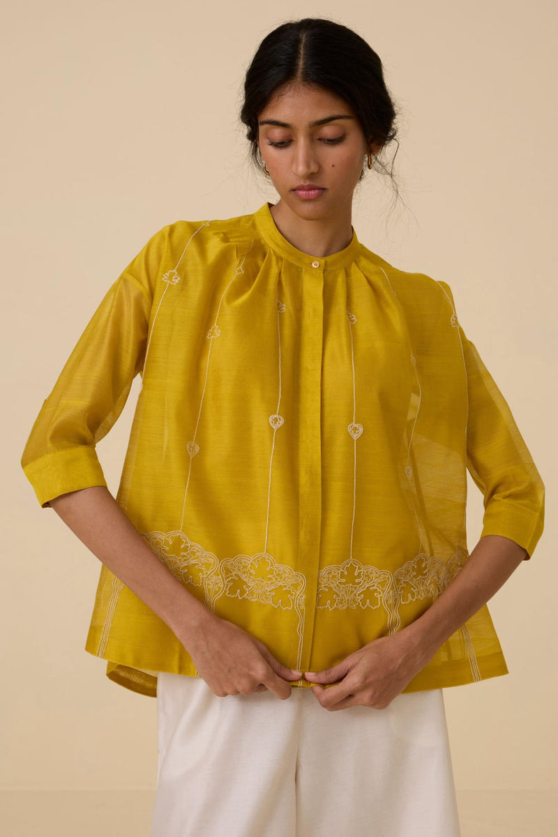 Sabeen Handwoven Embroidered Top chanderi by The Summer House in yellow color for women in Singapore