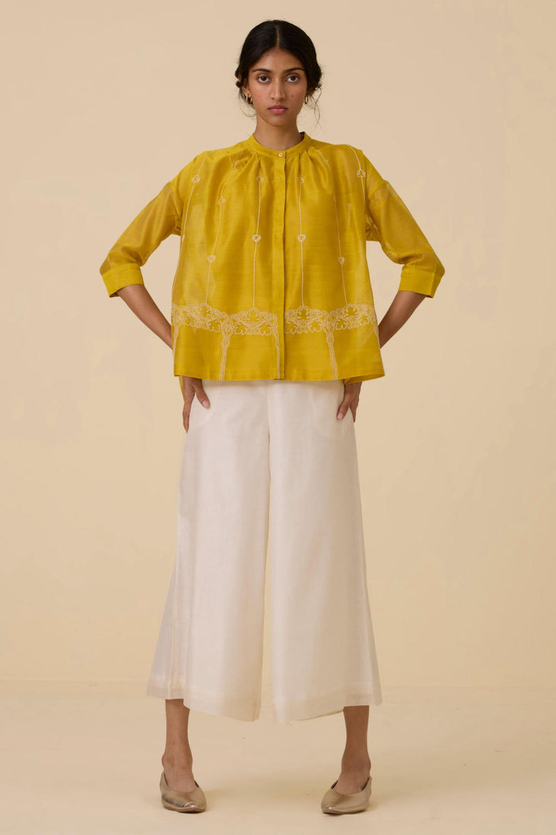 Sabeen Handwoven Embroidered Top chanderi by The Summer House in yellow color for women in Singapore