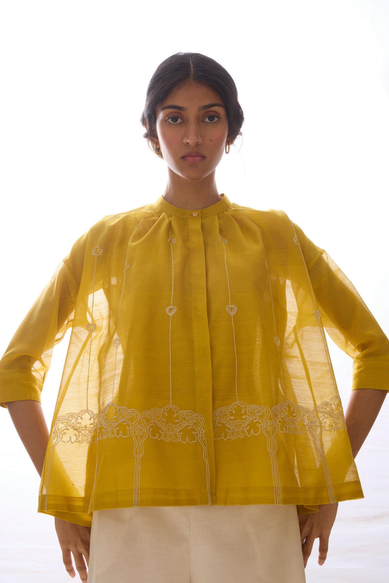 Sabeen Handwoven Embroidered Top chanderi by The Summer House in yellow color for women in Singapore