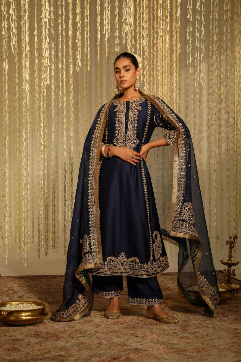 Sabirah A-line long kurta with palazzo and dupatta-Deep Blue silk by SHEETAL BATRA in blue color for women in Singapore